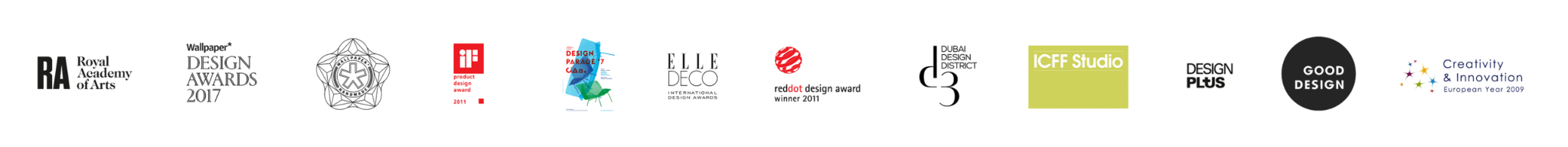 Selected awards including iF, Red Dot, Elle Deco, Design Parade and European Year of Creativity and Innovation