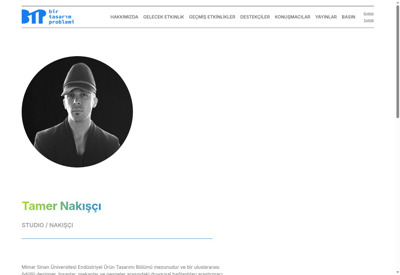 Screenshot of Tamer Nakışçı’s speaker profile on the official Bir Tasarım Problemi website