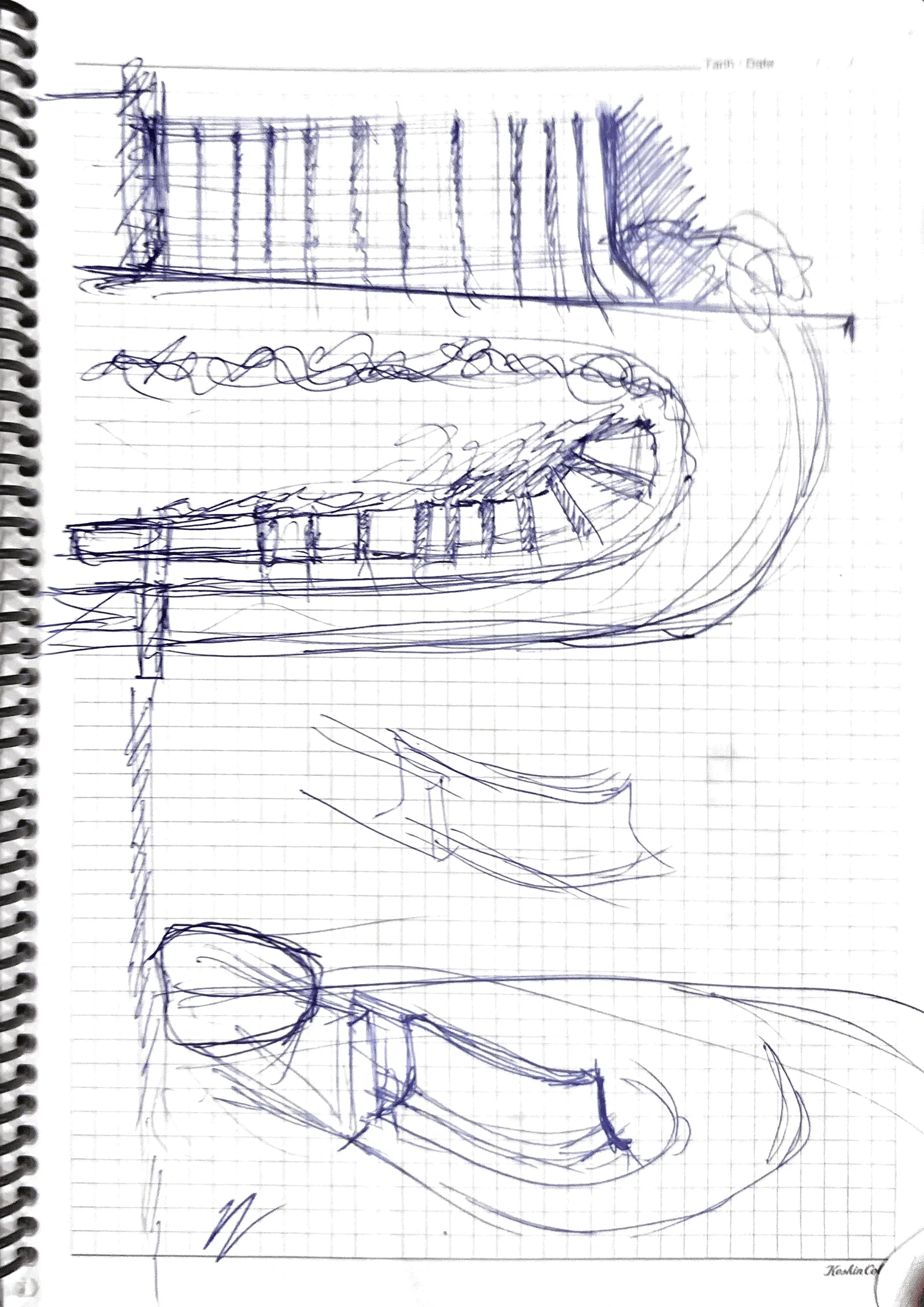 Hand studies exploring repeated fins and the curved entrance form