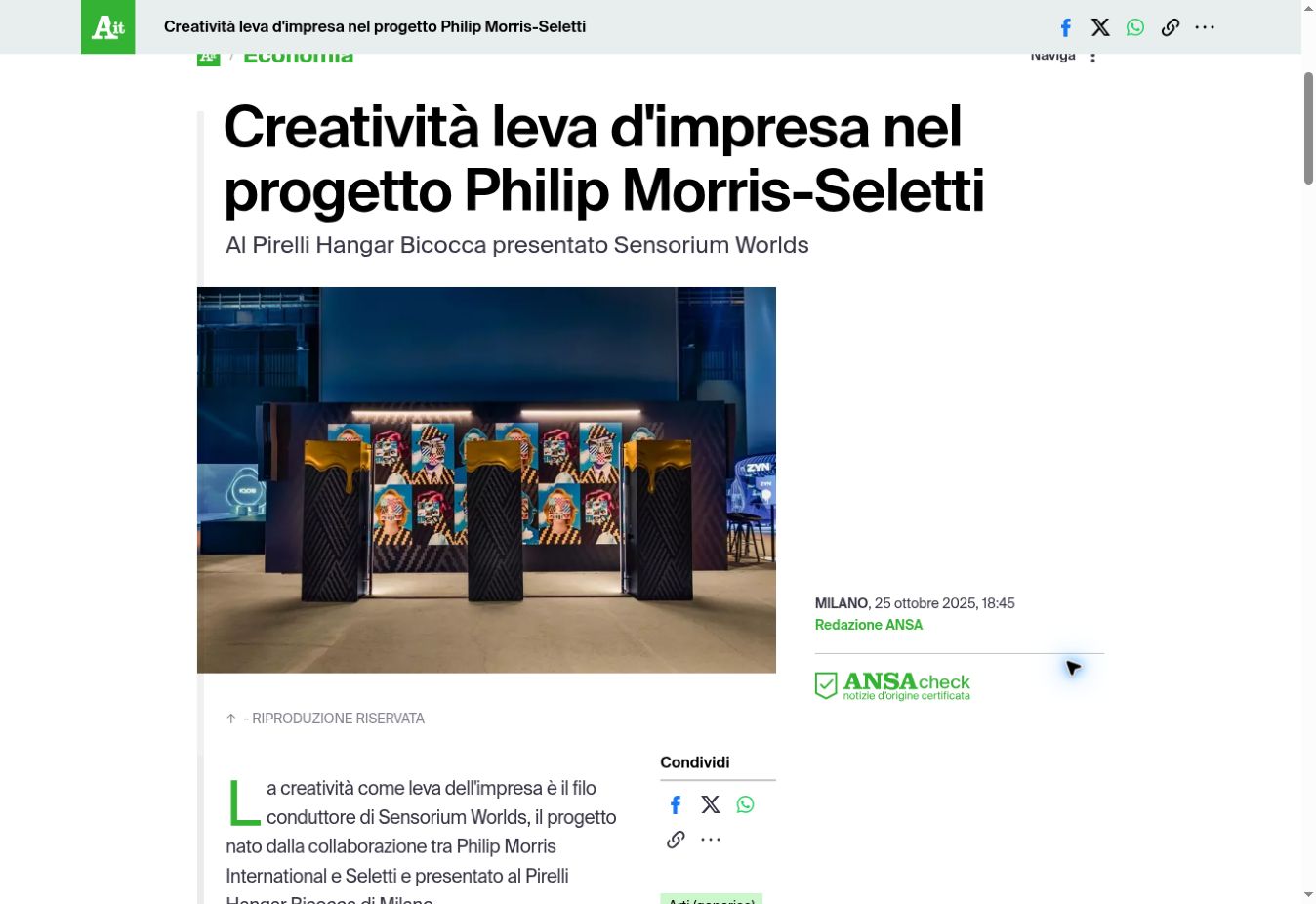 Screenshot of ANSA’s report on Sensorium Worlds at Pirelli HangarBicocca