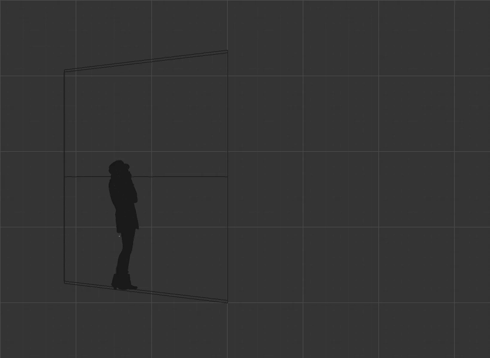 Side drawing of Space Giga showing the raised angular floor and a person for scale