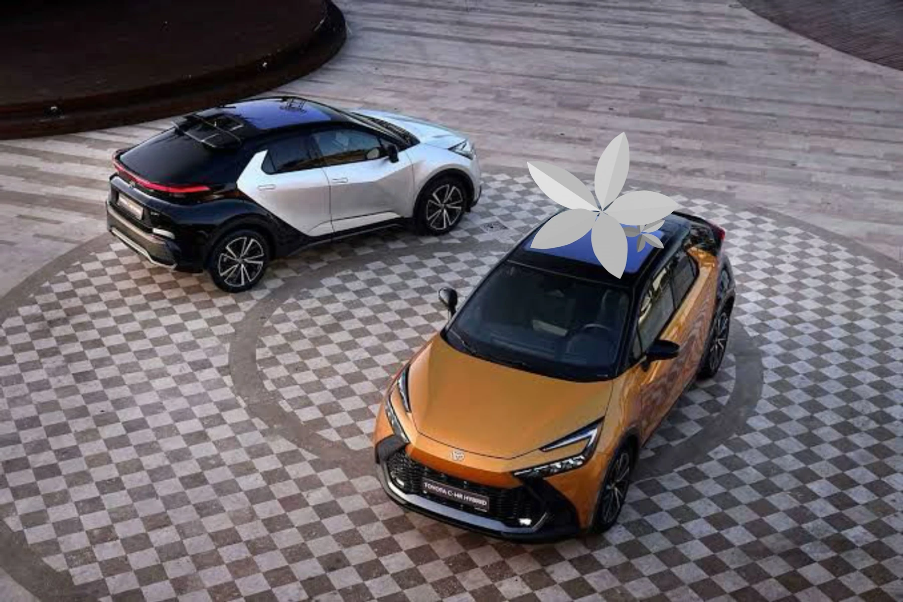 A digital study of the giant white blossom above the orange Toyota C-HR