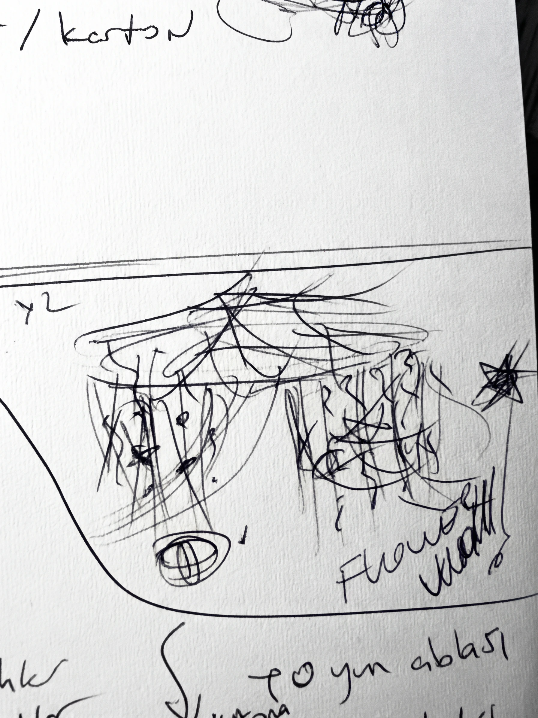 A black-and-white working drawing of hanging flowers and visitor activities
